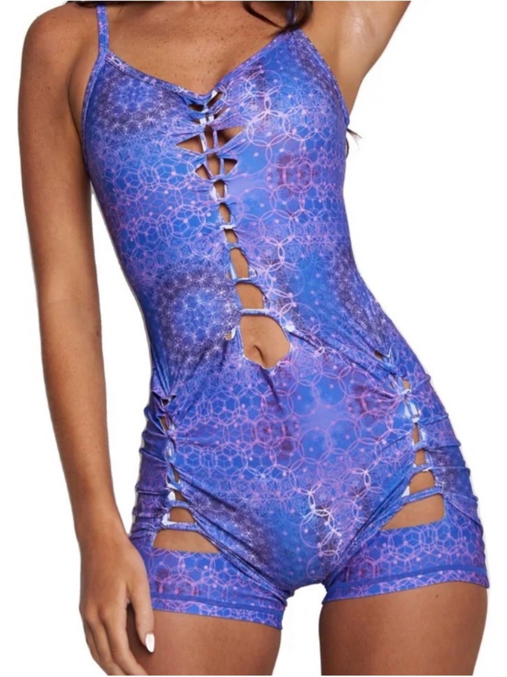 One-Piece Blue Purple Lace-Cut Romper